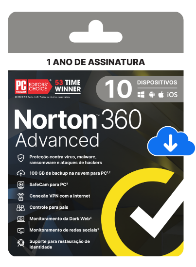 Imagem de NORTON 360 ADVANCED - 1 USUARIO; 10 DISPOSITIVOS - 100GB BACKUP - 12 MESES  ESD